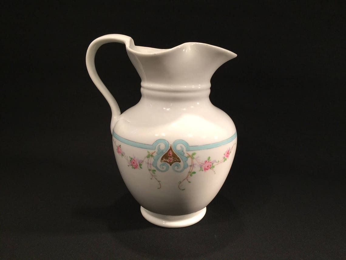 Antique Porcelain Chocolate Jug By Danish Maker Bing And Grondahl In The 1800s, Pink And Light Blue Pattern photo vinterior