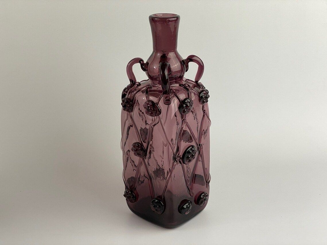 Beautiful Old Purple Glass Bottle / Vase With Glass Threads And Rosettes, First Half Of The 20th Century