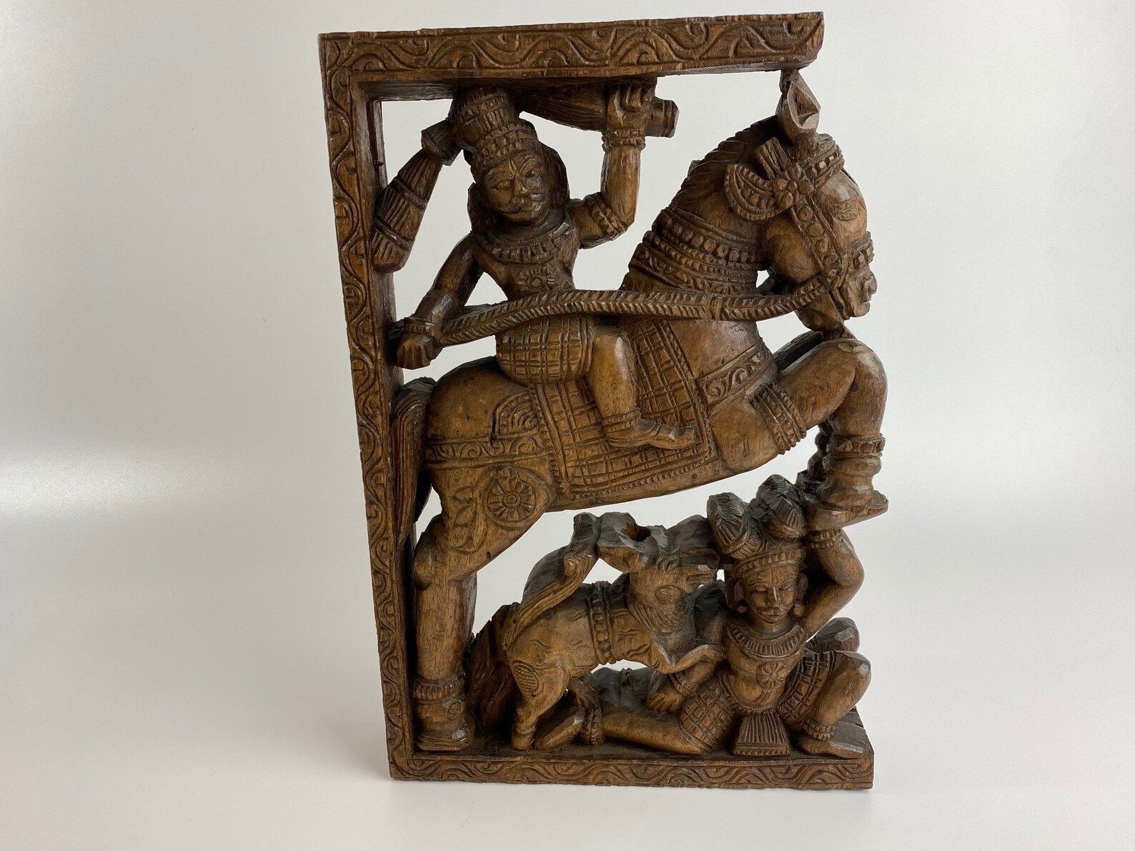 Handmade Carving Panel Of Wood From Indian Temple Car To Celebrate Hindu Gods Man On Horse And Man With Dog