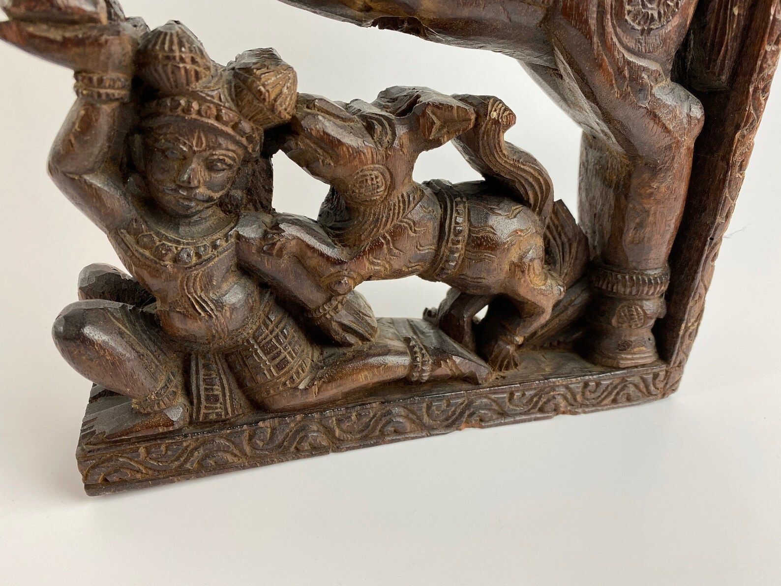 Handmade Carving Panel Of Wood From Indian Temple Car To Celebrate Hindu Gods Man On Horse And Man With Dog photo Home Decor