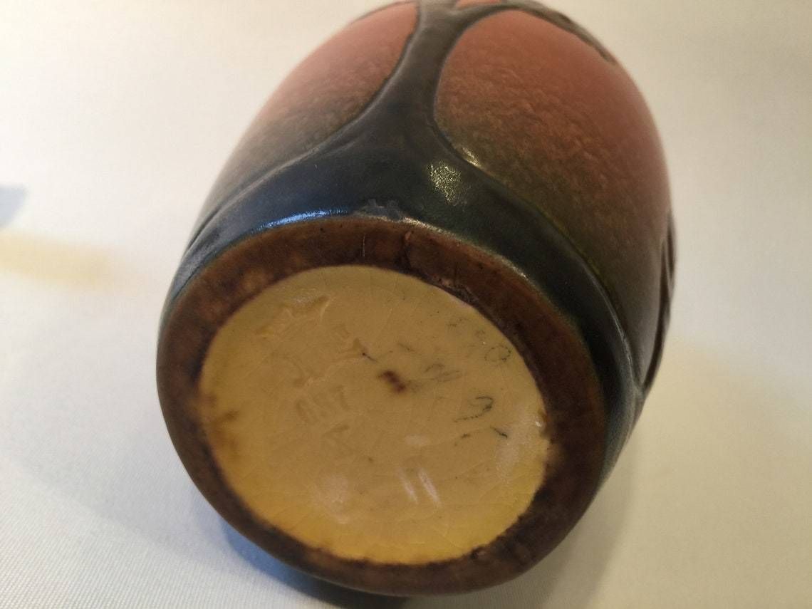 photo for sale Art Nouveau Vase With Poplar Tree Motif From Danish Terra Cotta Factory Ipsen's Widow In The 1900s To 1920s, Orange Parrot Glaze