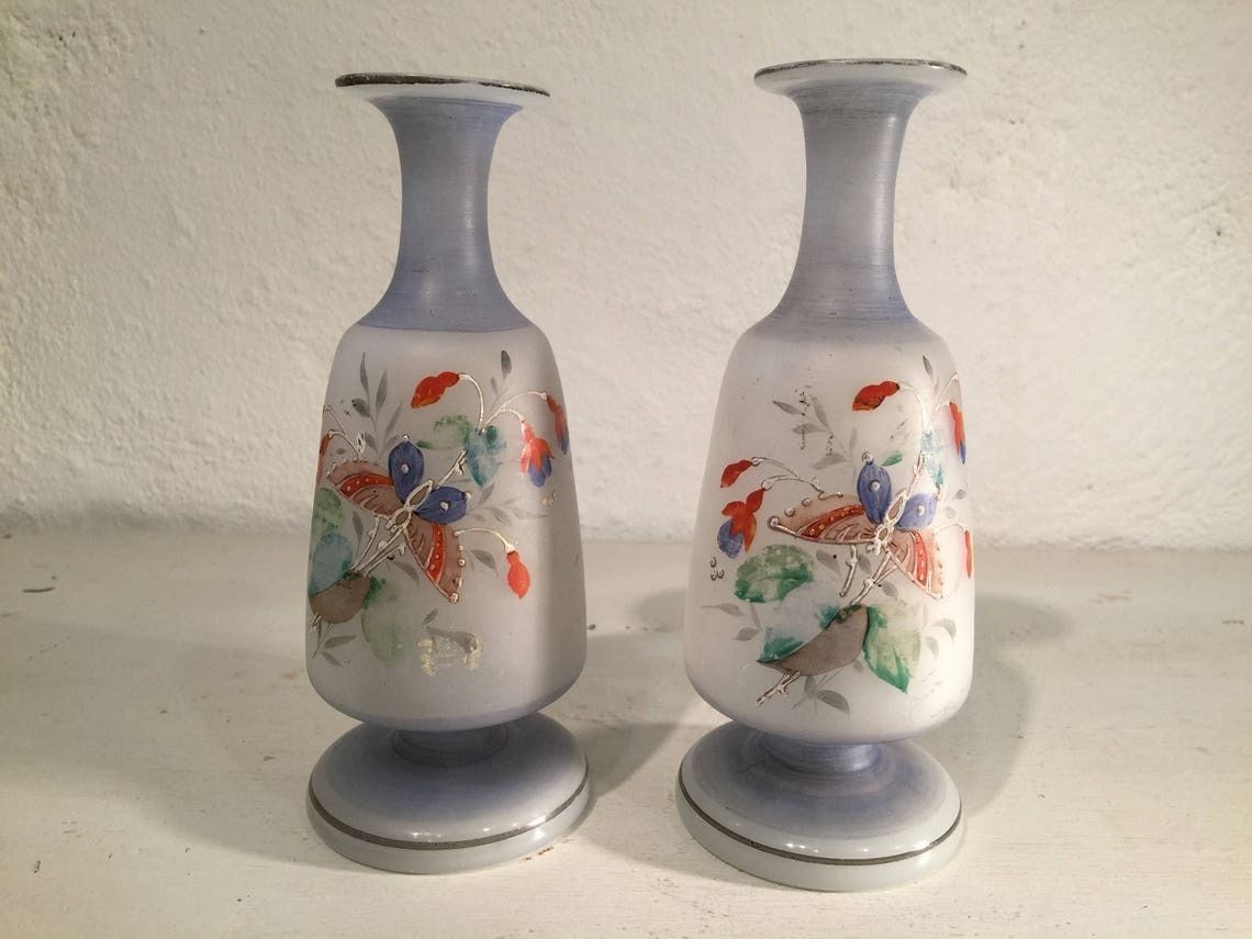 Pair Of Antique Opaline Vases In A Tender Gray Color, Enamel Painted With Butterflies And Flowers, Probably French, 19th Century photo furniture