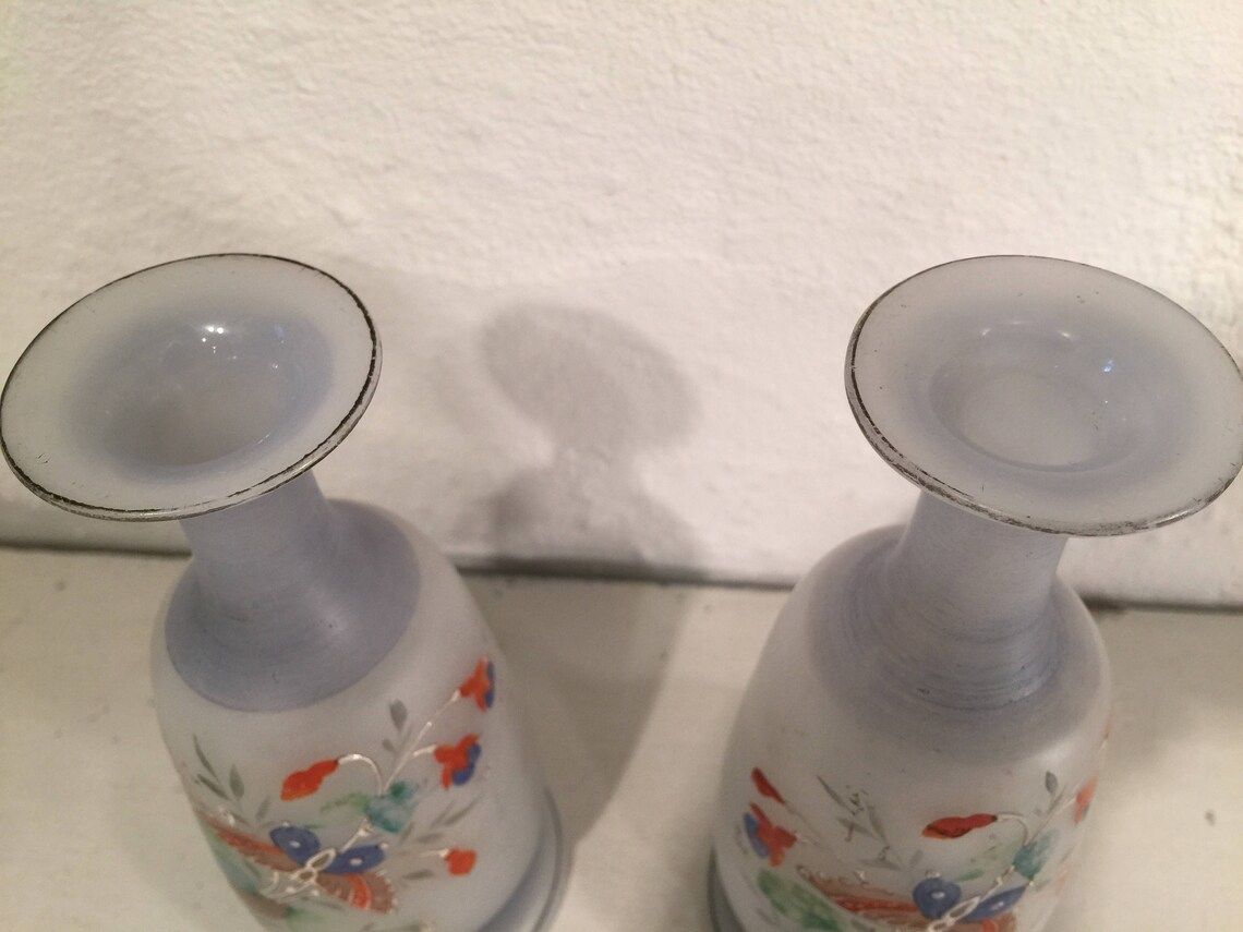 Pair Of Antique Opaline Vases In A Tender Gray Color, Enamel Painted With Butterflies And Flowers, Probably French, 19th Century photo buy
