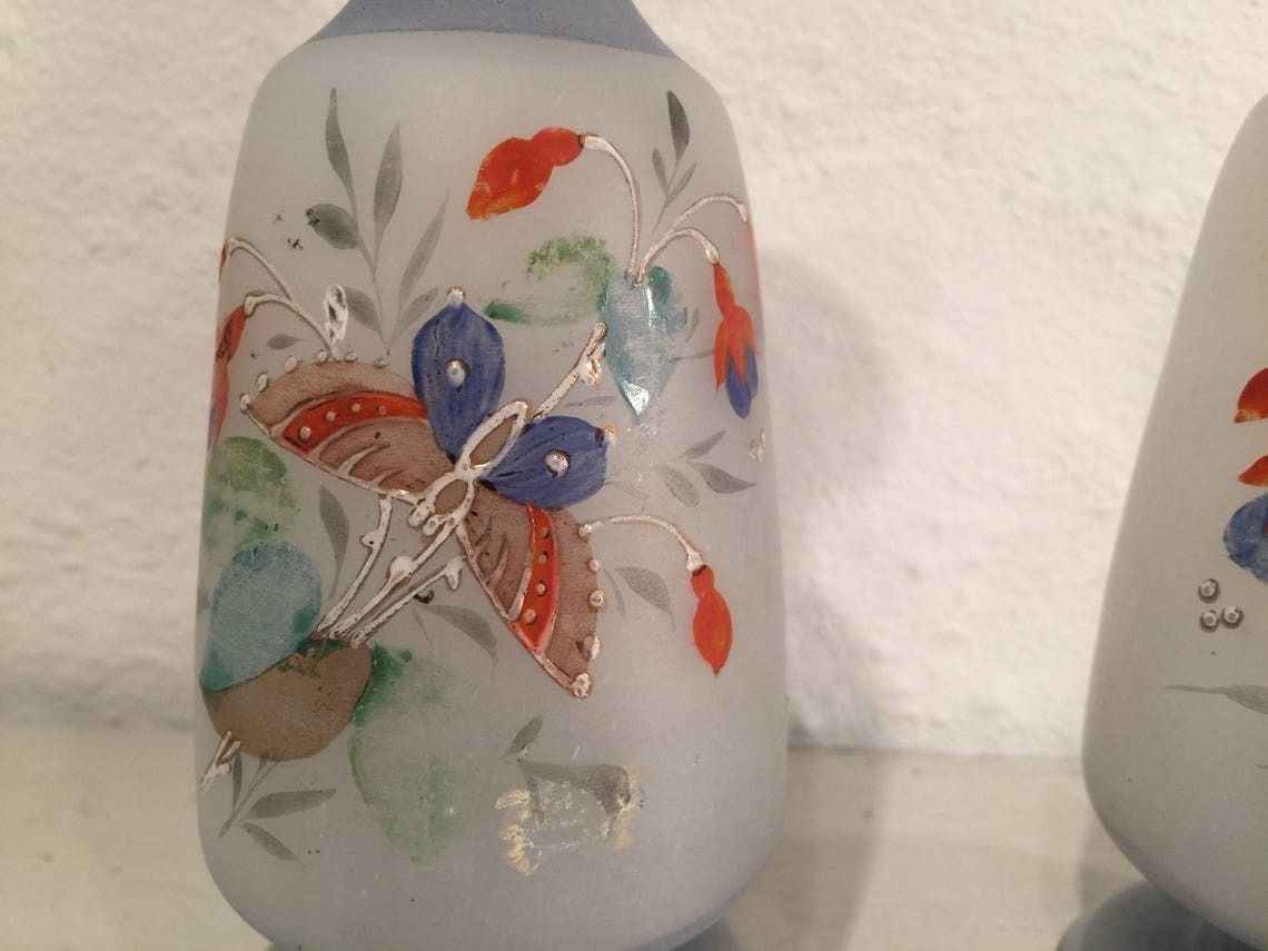 130.0 Pair Of Antique Opaline Vases In A Tender Gray Color, Enamel Painted With Butterflies And Flowers, Probably French, 19th Century photo