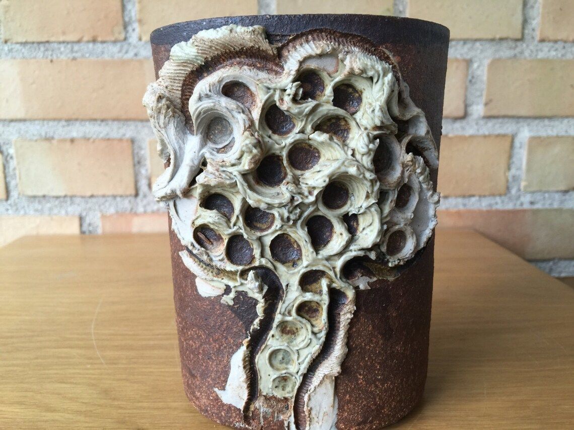 Brutalist Vase By Danish Ceramist Bodil Marie Nielsen, Own Studio, 1960s. Biomorph Form, Tree Pattern, Scandinavian Bohemian Art Potter photo 143.0