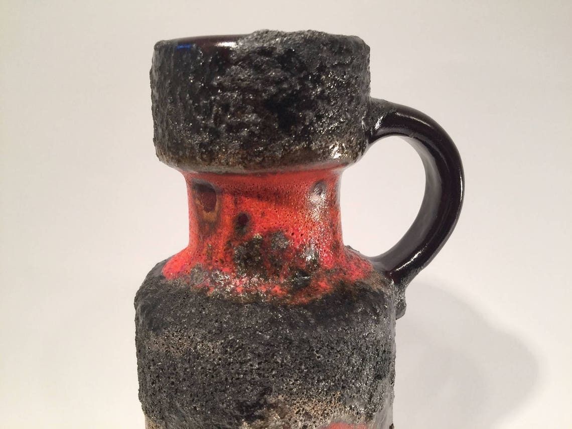 West Germany Fat Lava Vase, Organge Red And Grey Black, Signed With The Logo Of Carsten's Studio, European Mid Century Modern, 1970s/1960s photo for sale