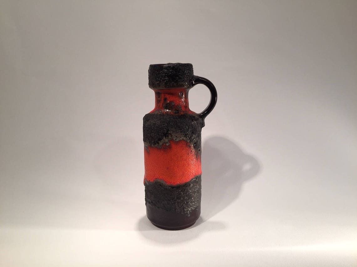 West Germany Fat Lava Vase, Organge Red And Grey Black, Signed With The Logo Of Carsten's Studio, European Mid Century Modern, 1970s/1960s photo 132.0