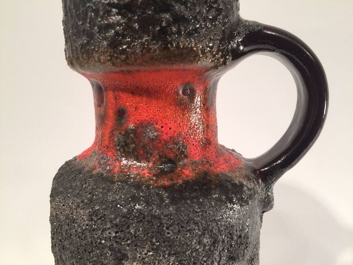 West Germany Fat Lava Vase, Organge Red And Grey Black, Signed With The Logo Of Carsten's Studio, European Mid Century Modern, 1970s/1960s photo vinterior