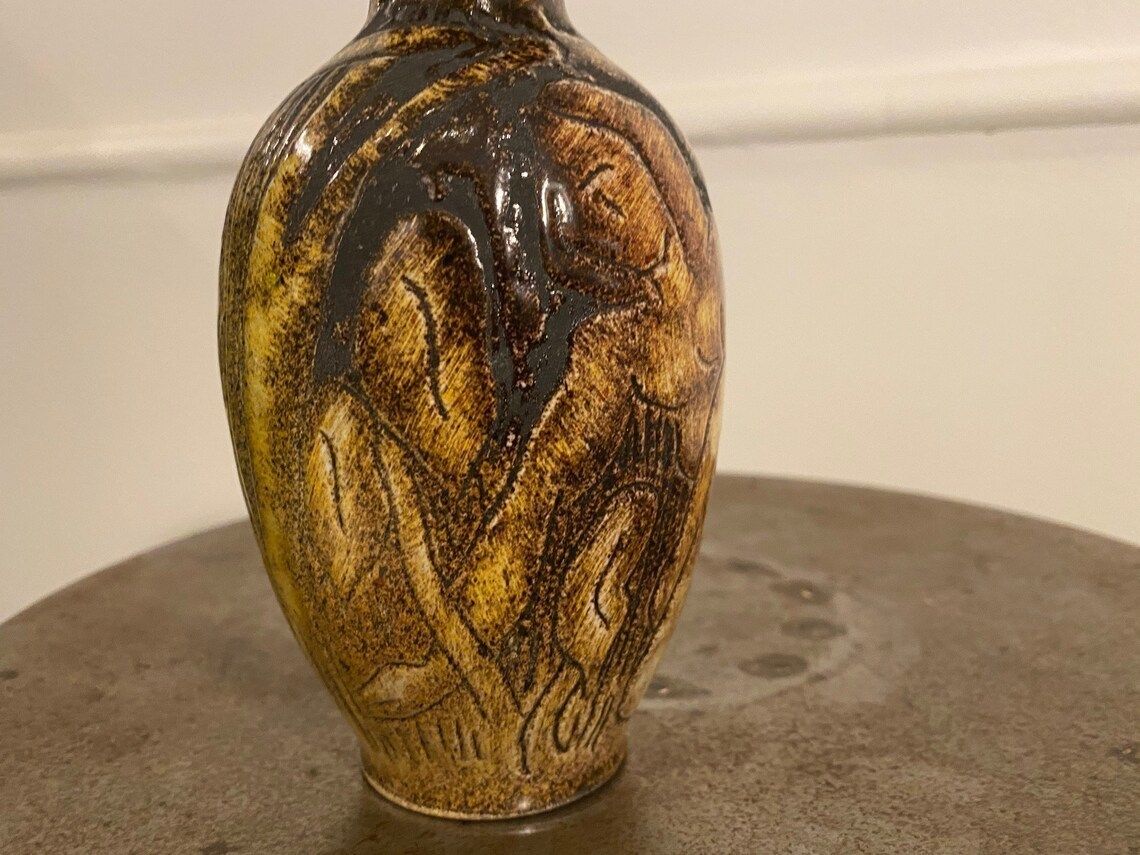 Vase With Motif Of Man And Giraffe In The Forest / Jungle From The Swedish Pottery Torngrens photo buy
