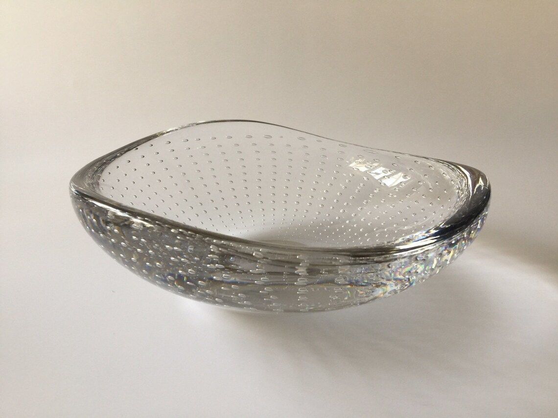 Swedish Art Glass Bowl With Bubbles By Artist Vicke Lindstrand For Kosta In Sweden In The 1950s photo for sale