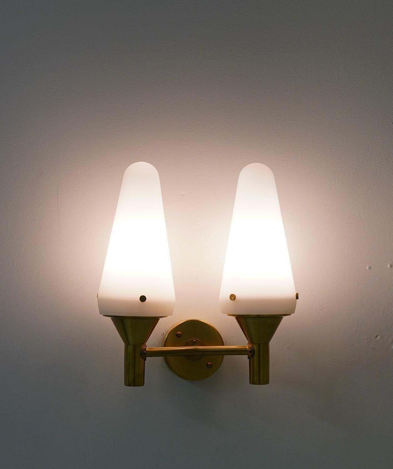 Pair Of Swedish Midcentury Wall Lamps In Brass And Glass photo vintage