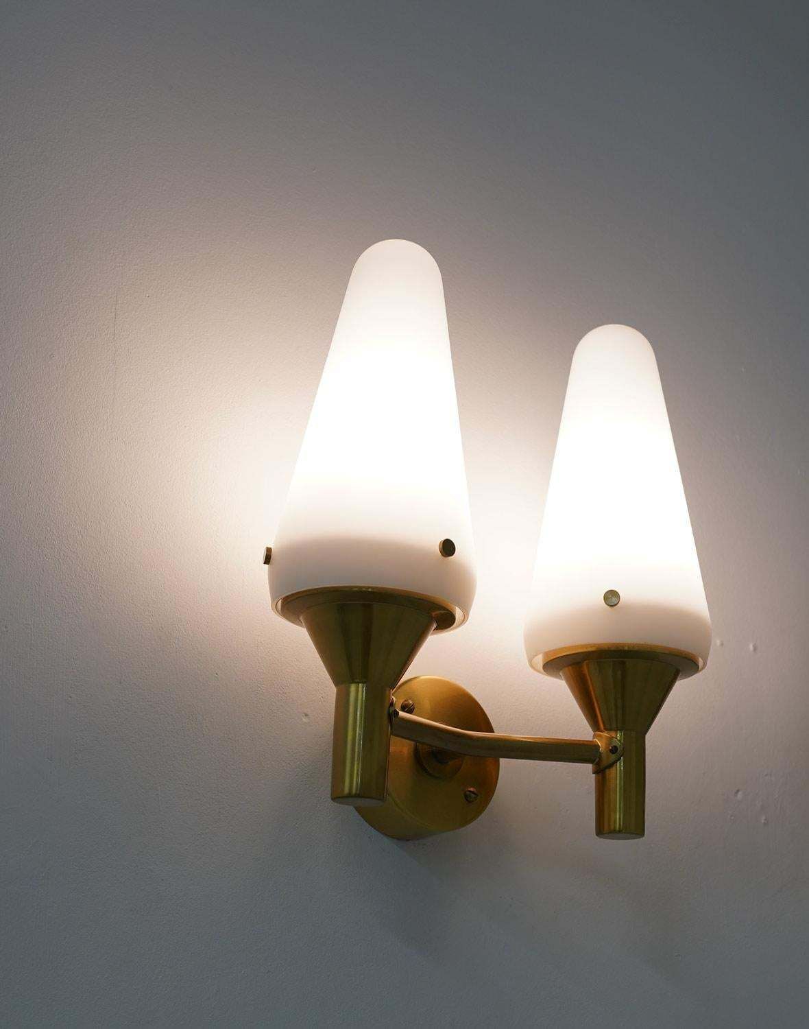 photo furniture Pair Of Swedish Midcentury Wall Lamps In Brass And Glass