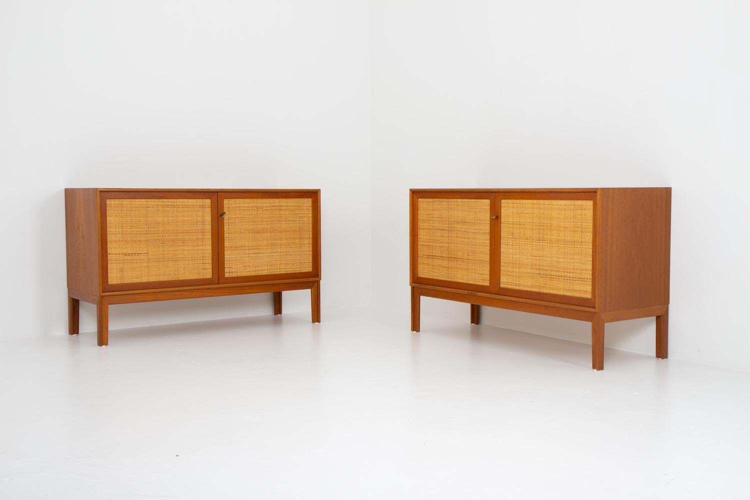 Pair Of Mid Century Scandinavian Sideboards In Teak And Rattan By Alf Svensson photo furniture