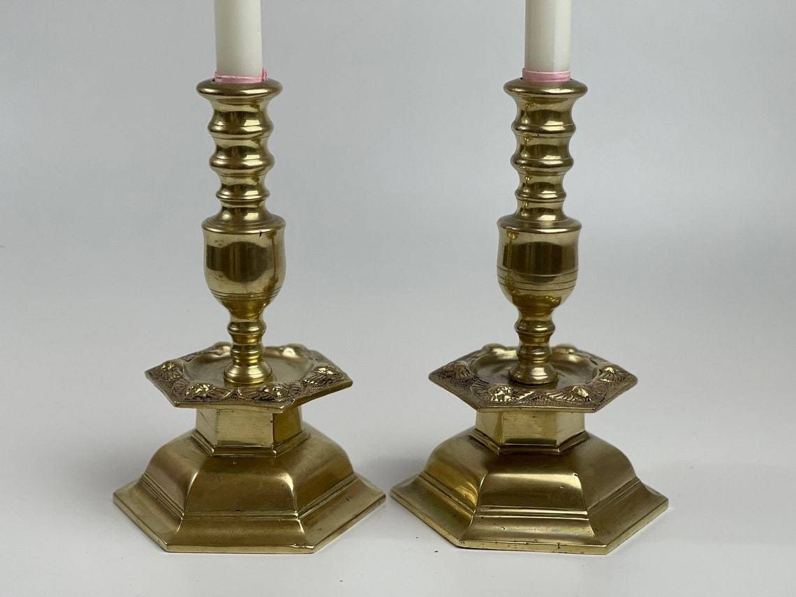 Pair Of Brass Candlesticks In Baroque Style Hexagonal With Angels Weight Approx 2 Kilos Per Candlestick photo 163.0