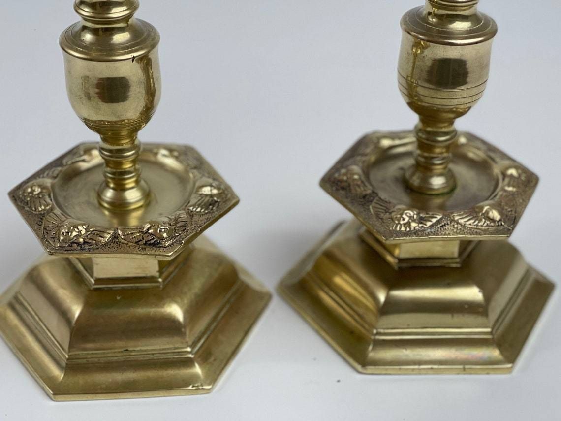 Pair Of Brass Candlesticks In Baroque Style Hexagonal With Angels Weight Approx 2 Kilos Per Candlestick photo buy