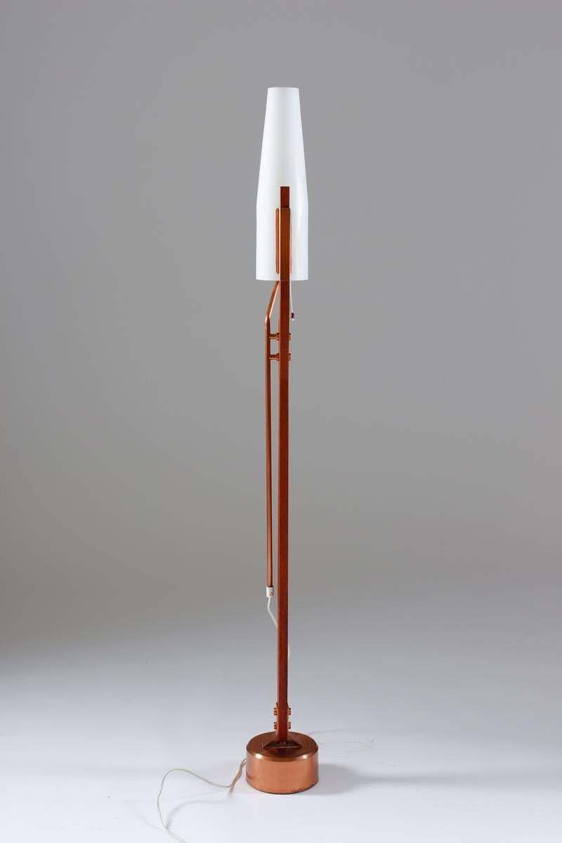 Very Rare Floor Lamp By Orrefors In Teak, Copper And Opaline Glass photo for sale