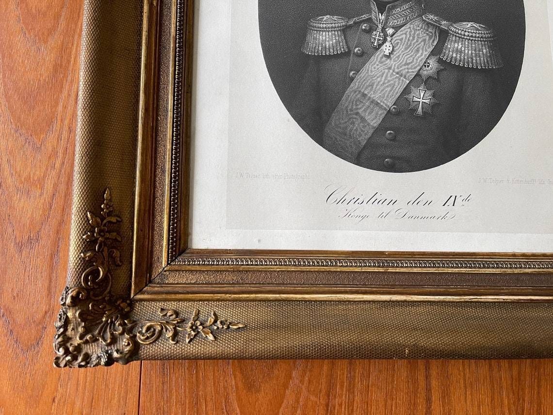 19th Century Picture Frame With Glass Wood With Tulle Fabric And Gilding With Print By Christian The Ix King Of Denmark photo furniture