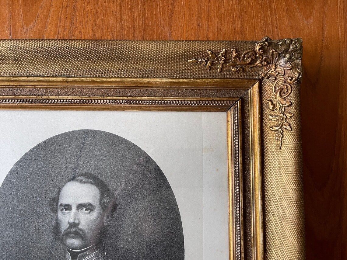 19th Century Picture Frame With Glass Wood With Tulle Fabric And Gilding With Print By Christian The Ix King Of Denmark photo Home Decor