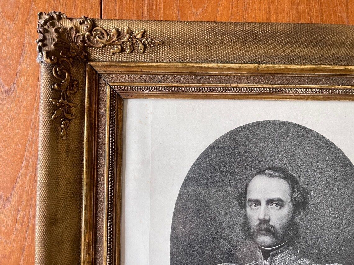19th Century Picture Frame With Glass Wood With Tulle Fabric And Gilding With Print By Christian The Ix King Of Denmark photo 330.0