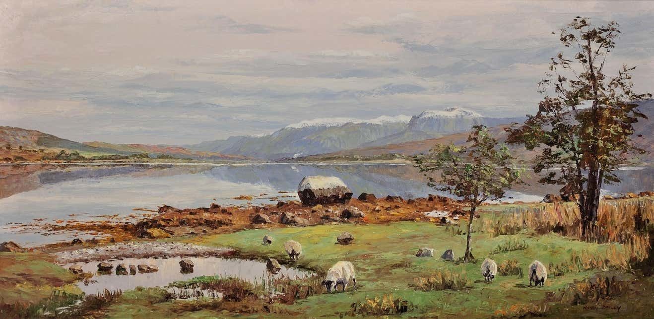 Nancy Bailey 1913 To 2012. Cornish Artist. Ben Nevis From Loch Eil, 1978. Scotland. 1970s Vintage Framed Impasto Scottish Landscape Oil Painting. photo furniture