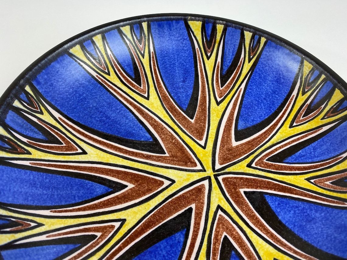 Striking Blue And Yellow Bowl / Wall Hanging By Rigmor Nielsen For Danish Pottery Soholm In Denmark, Danish Mid Century Modern, 1950 1960s photo vinterior