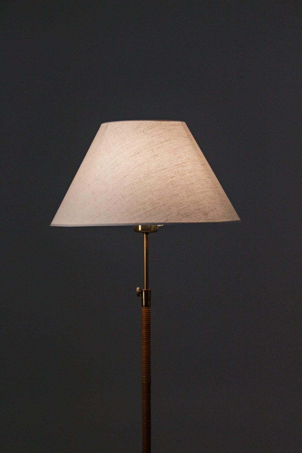 Swedish Modern Midcentury Floor Lamp In Brass And Rattan, 1940s photo Lighting