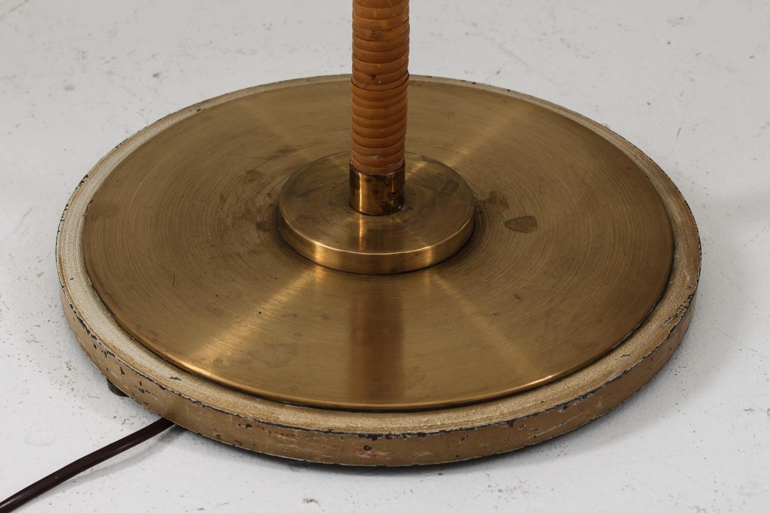 Swedish Modern Midcentury Floor Lamp In Brass And Rattan, 1940s photo vintage