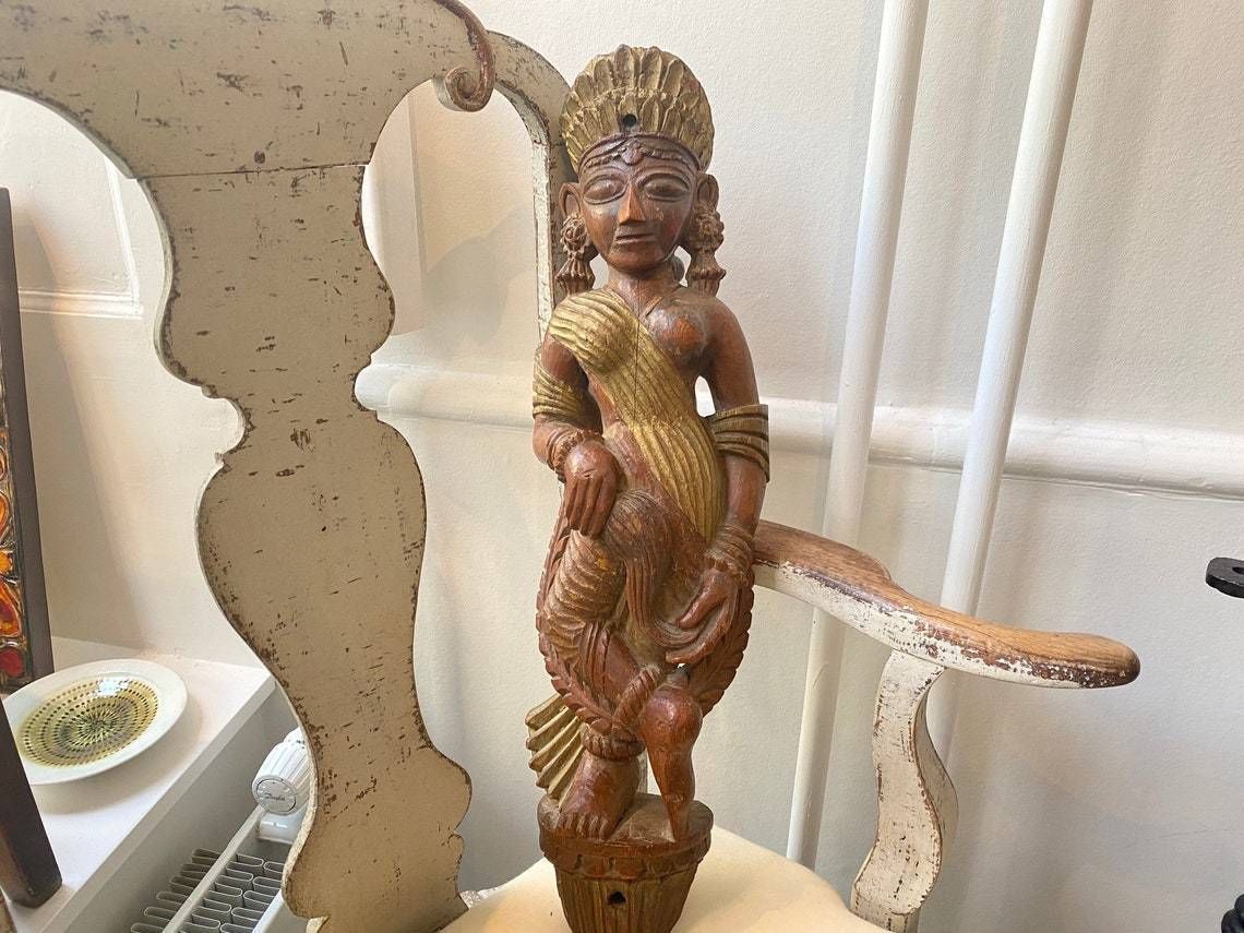 Ancient Asian Female Figure / Wallhanging Hand Carved In Wood With Gildings, Probably Hindu Goddess, Circa 1900