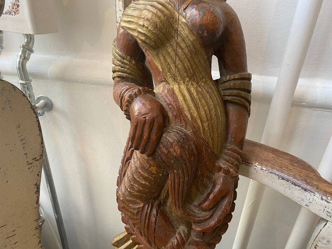 Ancient Asian Female Figure / Wallhanging Hand Carved In Wood With Gildings, Probably Hindu Goddess, Circa 1900 photo for sale