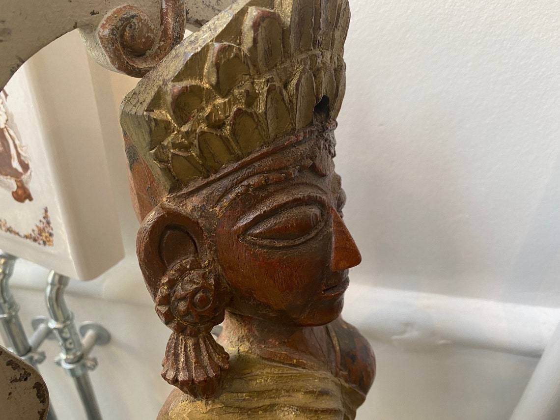 photo furniture Ancient Asian Female Figure / Wallhanging Hand Carved In Wood With Gildings, Probably Hindu Goddess, Circa 1900