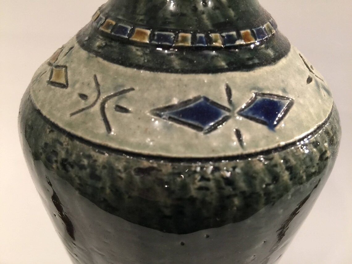 Vase, Swedish Green Glazed Chamotte With Incised Geometric Pattern By Yngve Blixt, Own Studio In Hoganas, 1960s, Scandinavian Home Decor photo vinterior