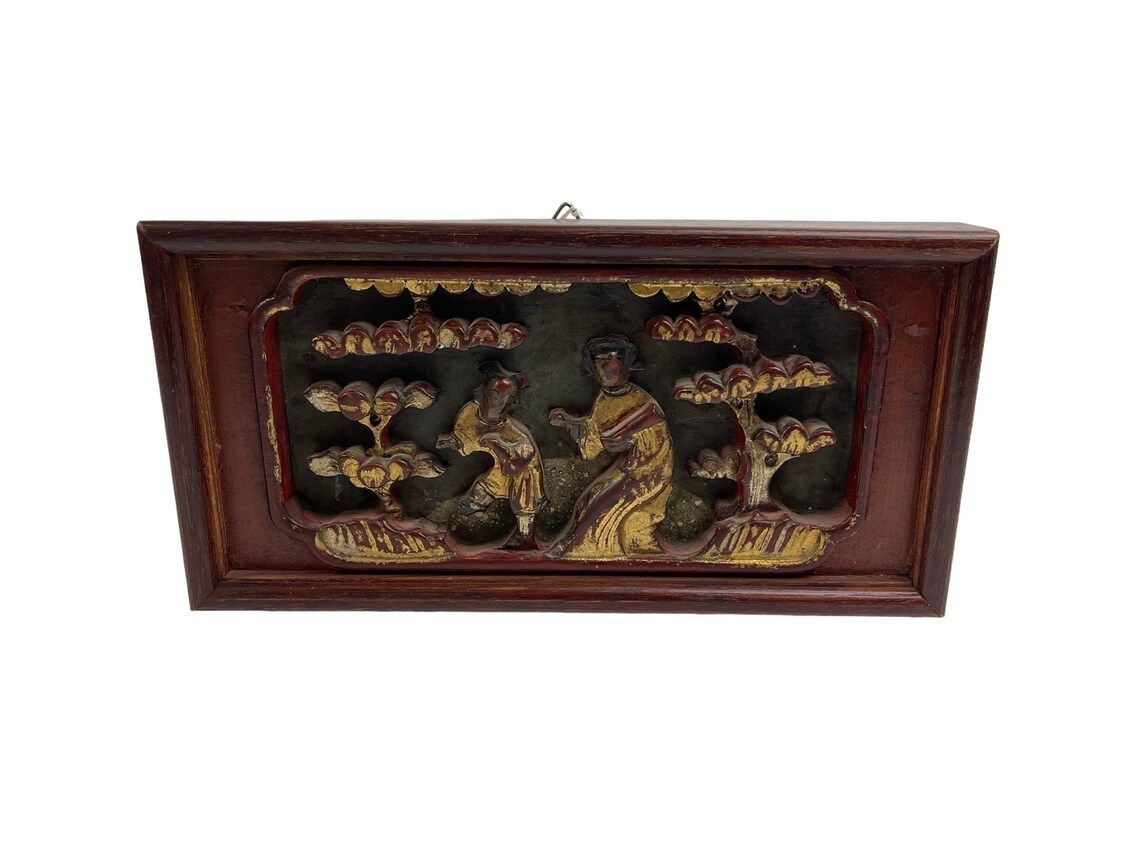 Hand Carved Chinese Wooden Panel With Lacquer And Gilt For Wall Hanging 20th Century