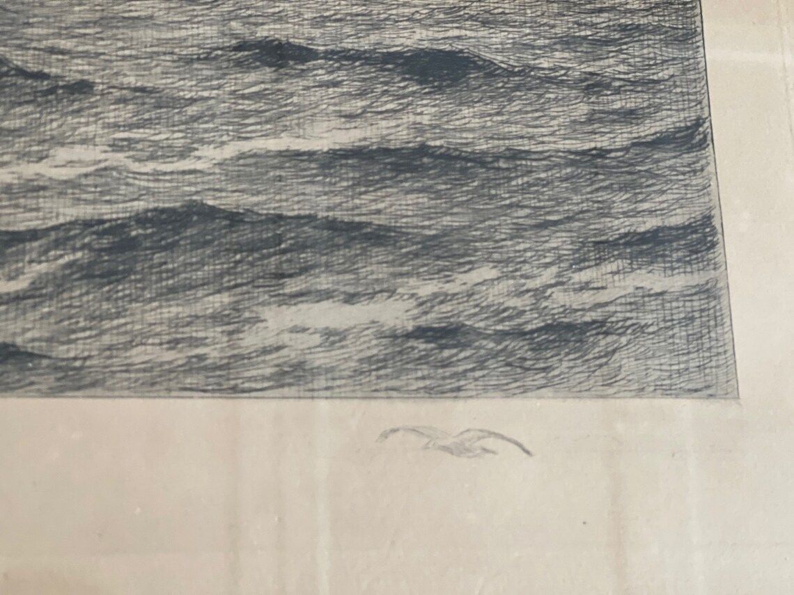 Danish Artist Carl Locher Etching Of Fishing Boats At Sea Signed In Print 1907 With Beautiful Old Patinated Gold Frame photo for sale