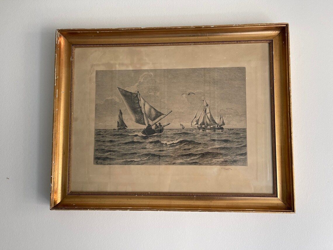 Danish Artist Carl Locher Etching Of Fishing Boats At Sea Signed In Print 1907 With Beautiful Old Patinated Gold Frame photo buy