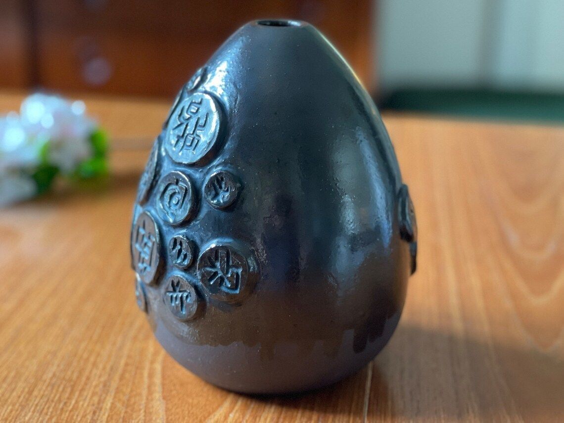 Ceramic Vase By Hans Helving Bornholm In 1965 Brown Glazed With Amulets With Symbols In Relief photo for sale