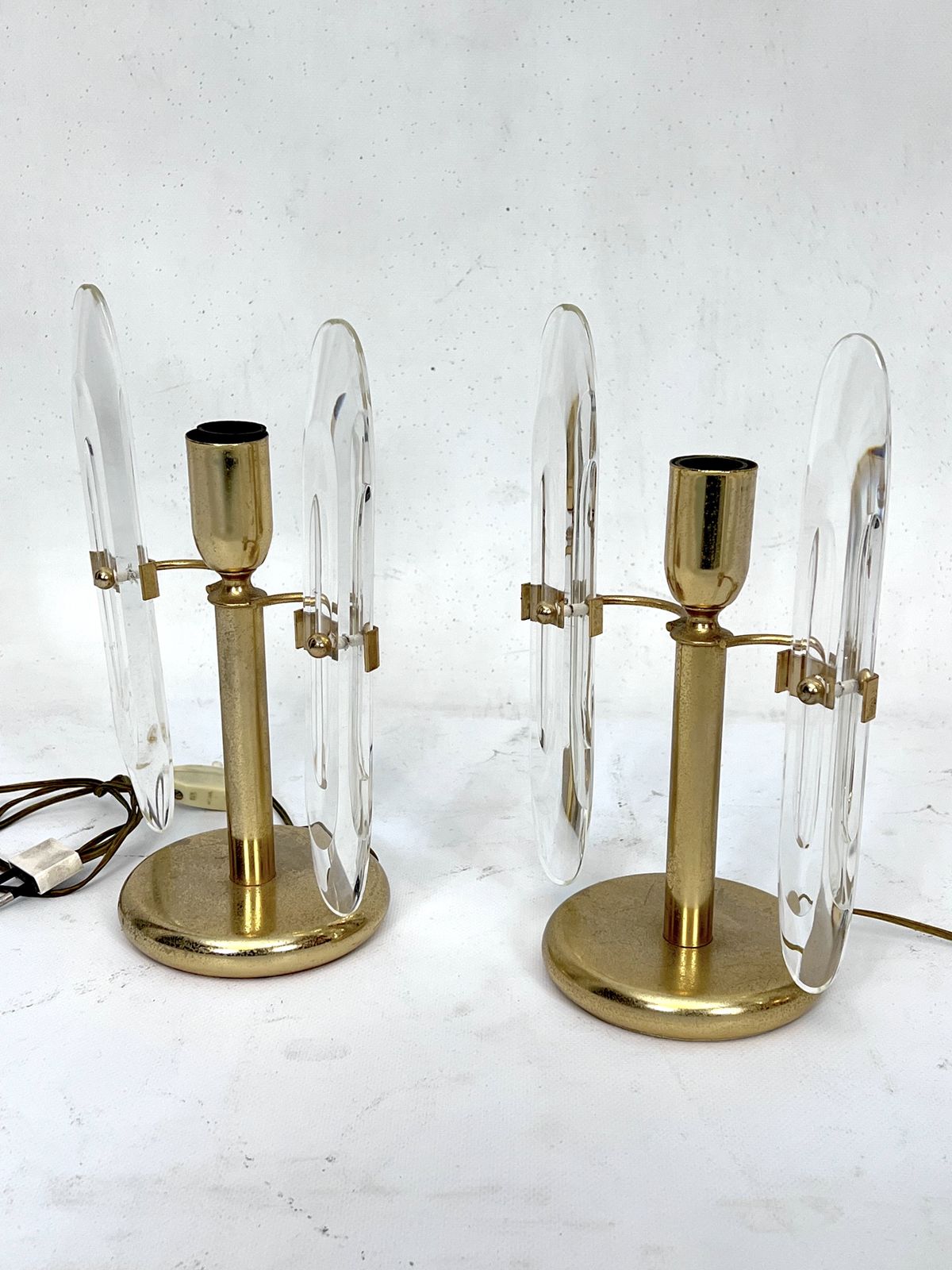 Postmodern Pair Of Gilded Metal And Glass Table Lamps By Stilkronen. Italy 70s photo buy