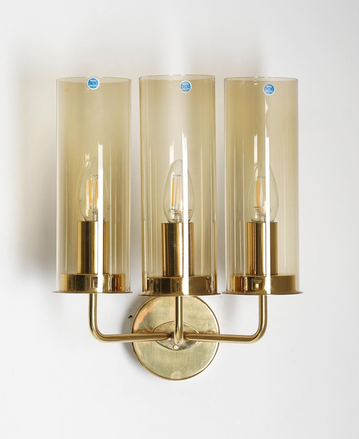 Swedish Midcentury Wall Lamps In Brass And Glass By Hans Agne Jakobsson