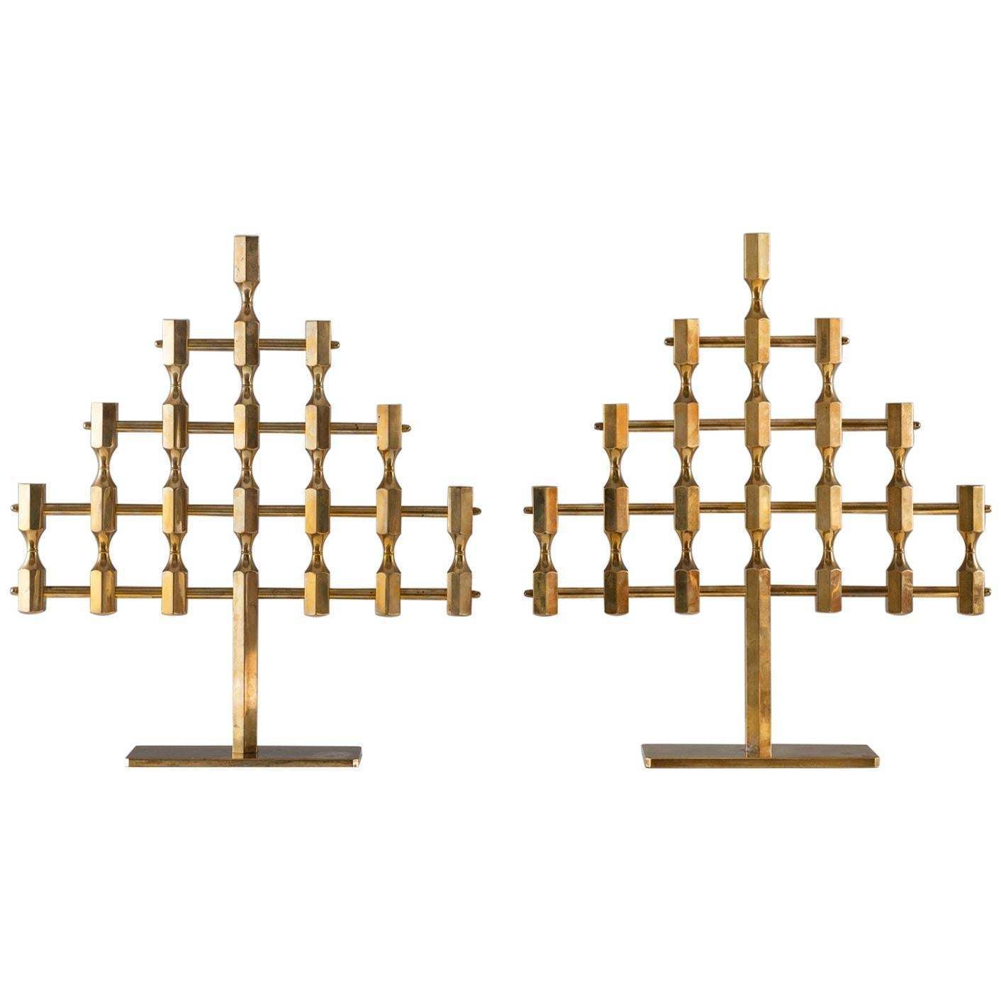 Pair Of Large Swedish Candelabras In Brass By Lars Bergsten For Gusum
