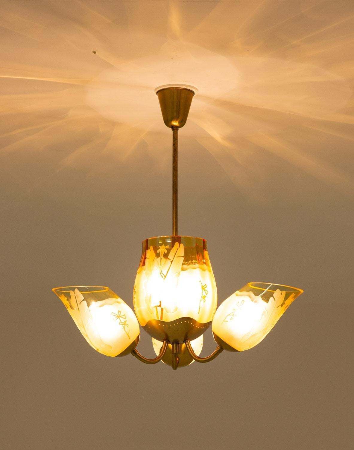 Swedish Modern Chandelier In Brass And Glass By Glössner photo buy