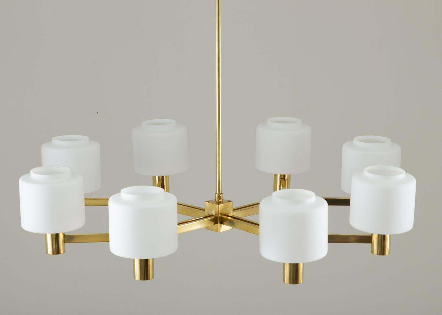 Large Scandinavian Midcentury Chandeliers In Brass And Glass photo buy
