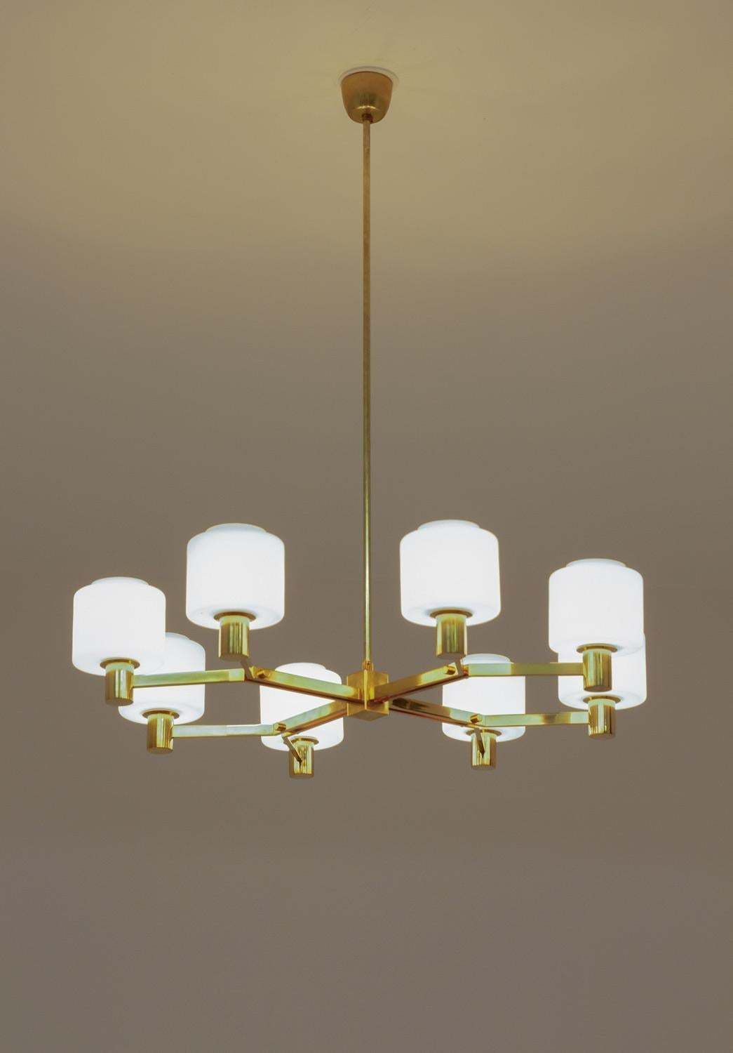 photo for sale Large Scandinavian Midcentury Chandeliers In Brass And Glass