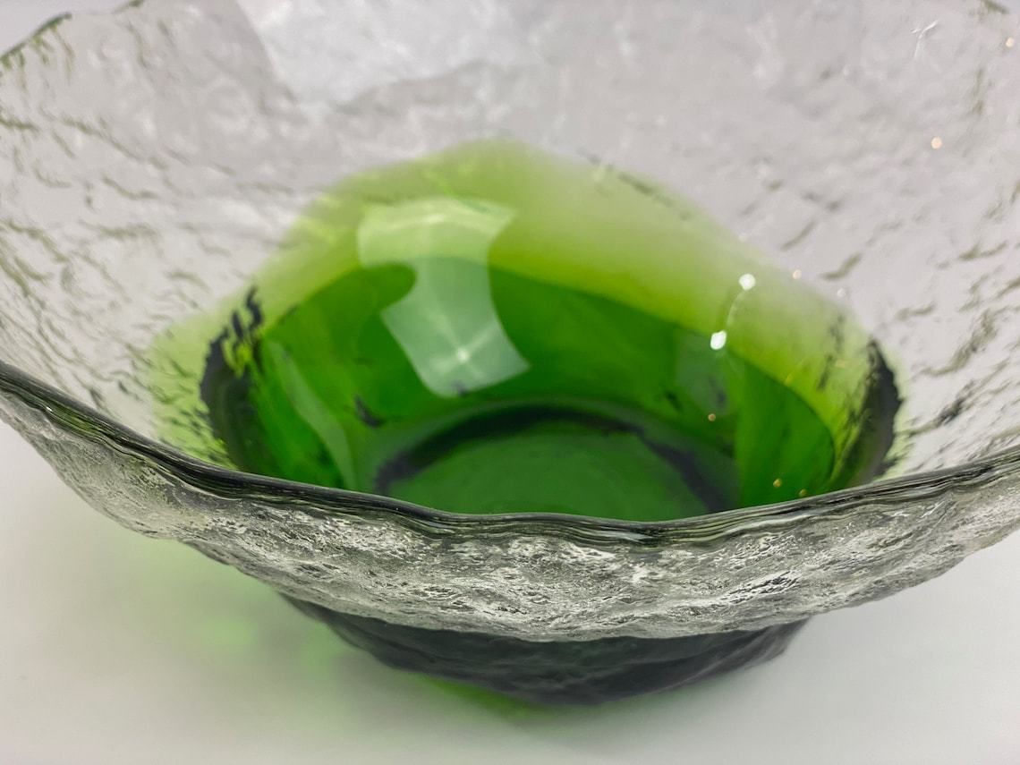 photo furniture Signed Glass Bowl By Pertti Santalahti For Humppila Finland 1970s Green And Clear Glass With Ice Effect
