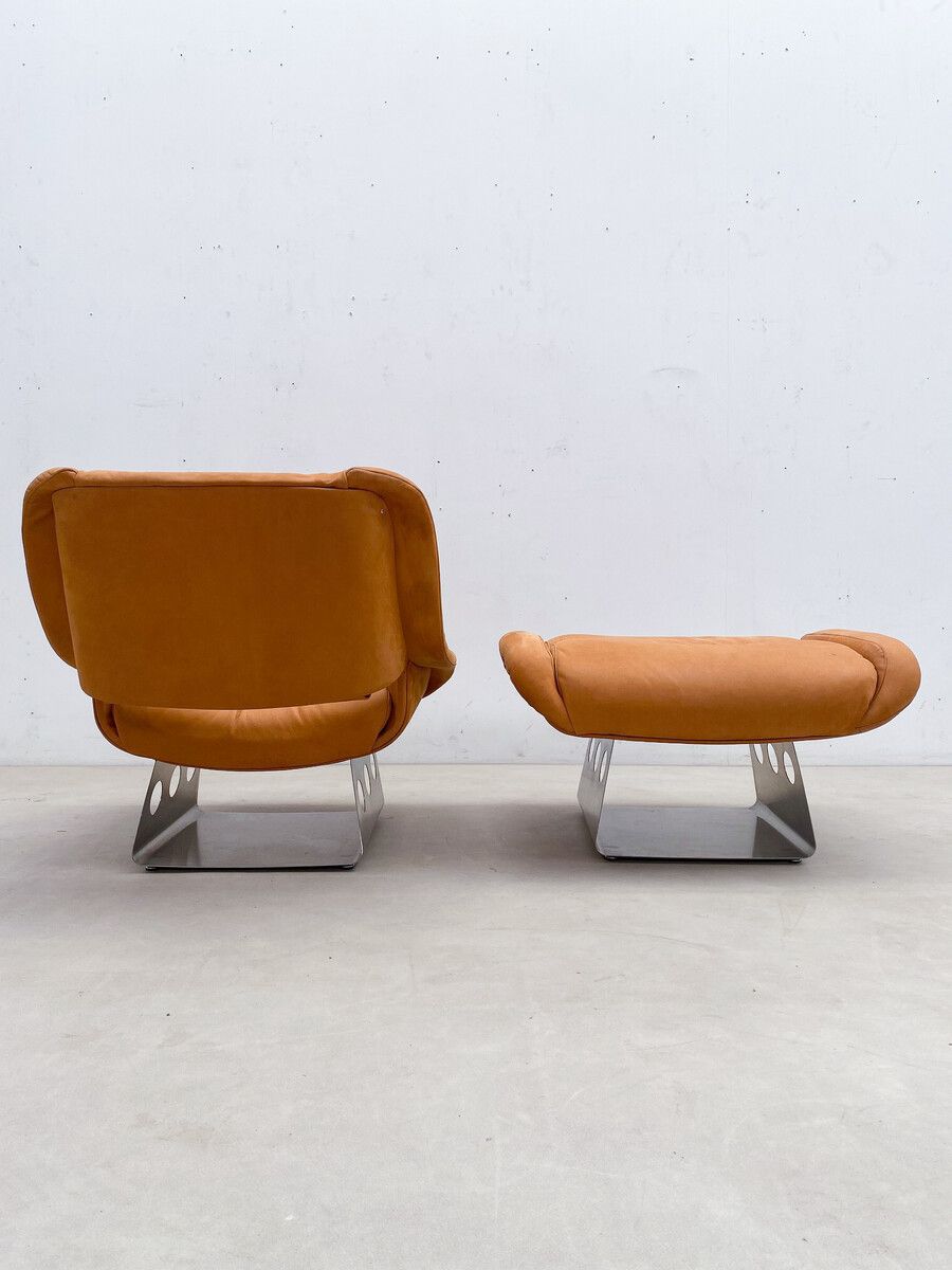 Italian Mid Century Orange Lounge Chair & Ottoman photo for sale
