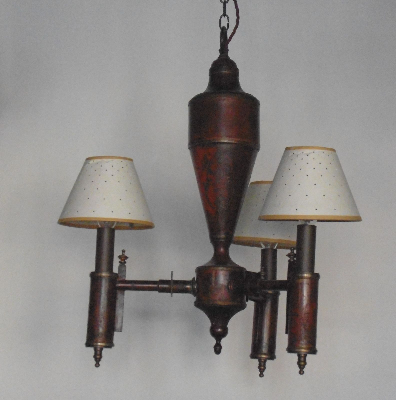 Red And Gold Stencilled 3 Light Chandelier photo for sale
