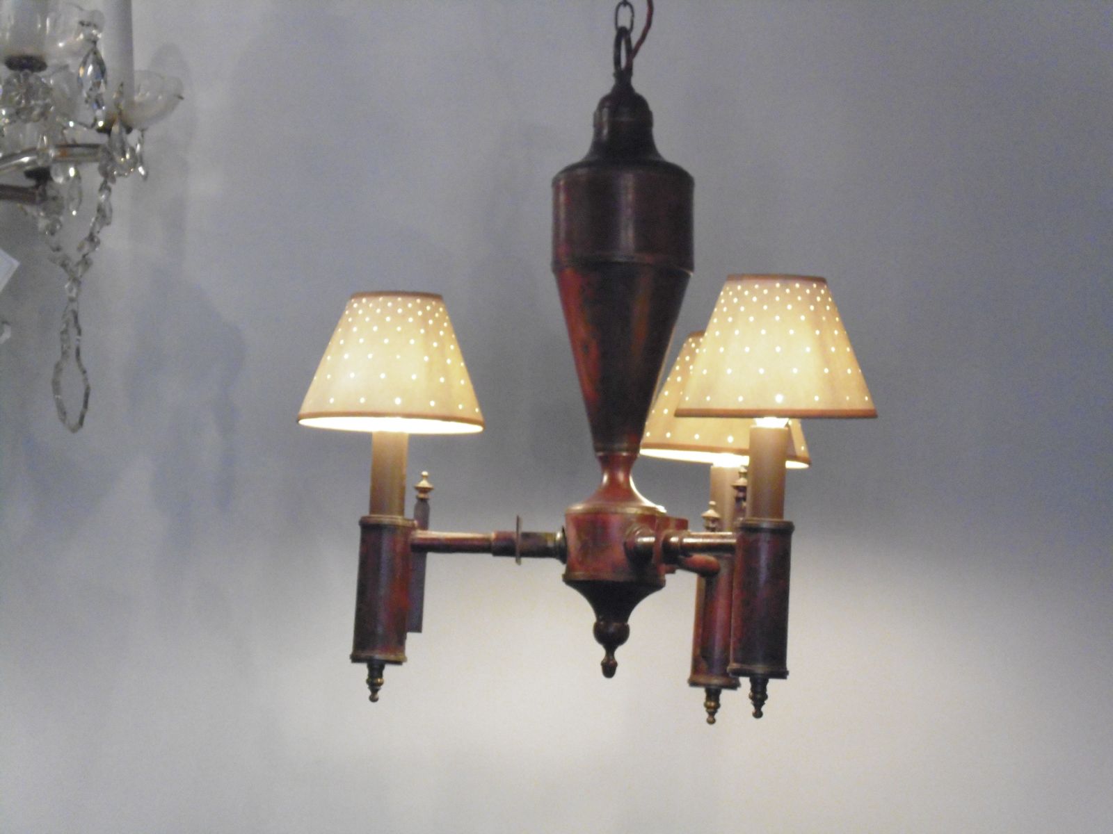 Red And Gold Stencilled 3 Light Chandelier photo 525.0