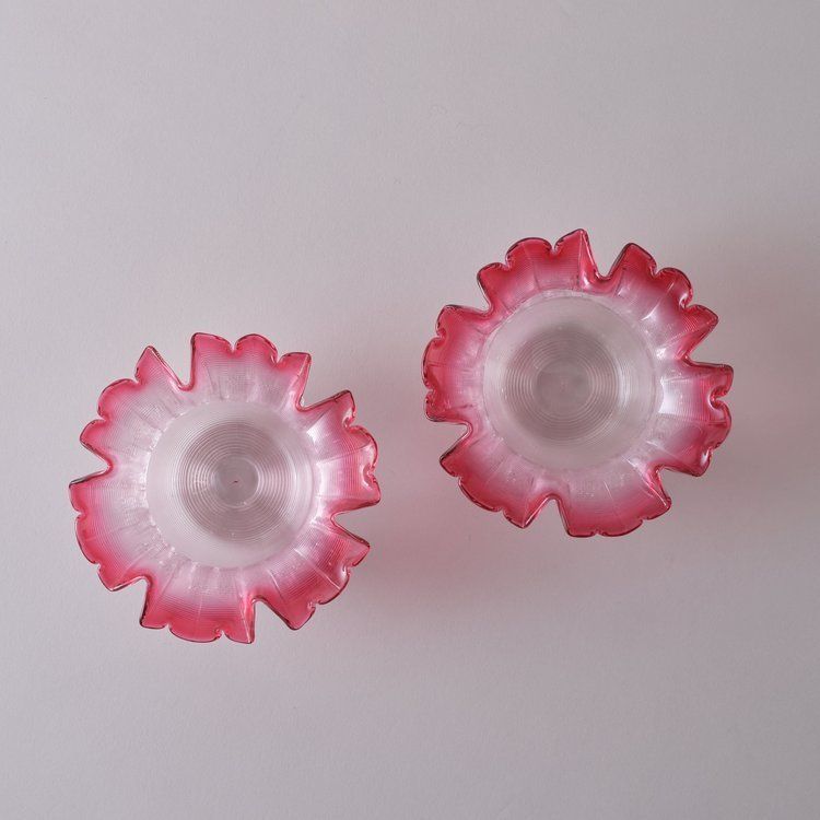 Pair Of Cranberry Glass Sweetmeats With Fine Ribbed Glass Bases photo for sale