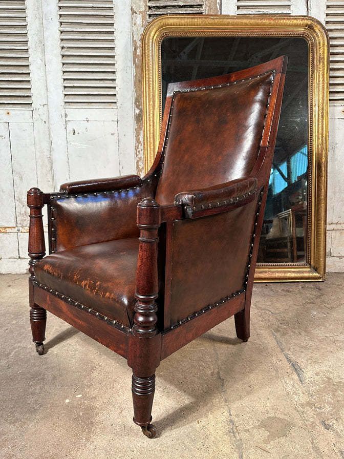 An Exceptional Antique Regency Georgian Leather & Cuban Mahogany Library Armchair Circa 1830 photo for sale