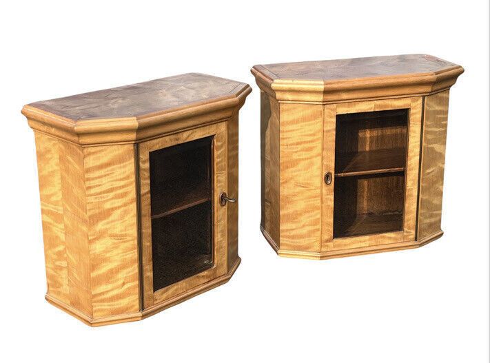 Superb Pair Of Satinwood Collectors Table  Wall Display Cabinets. photo vintage