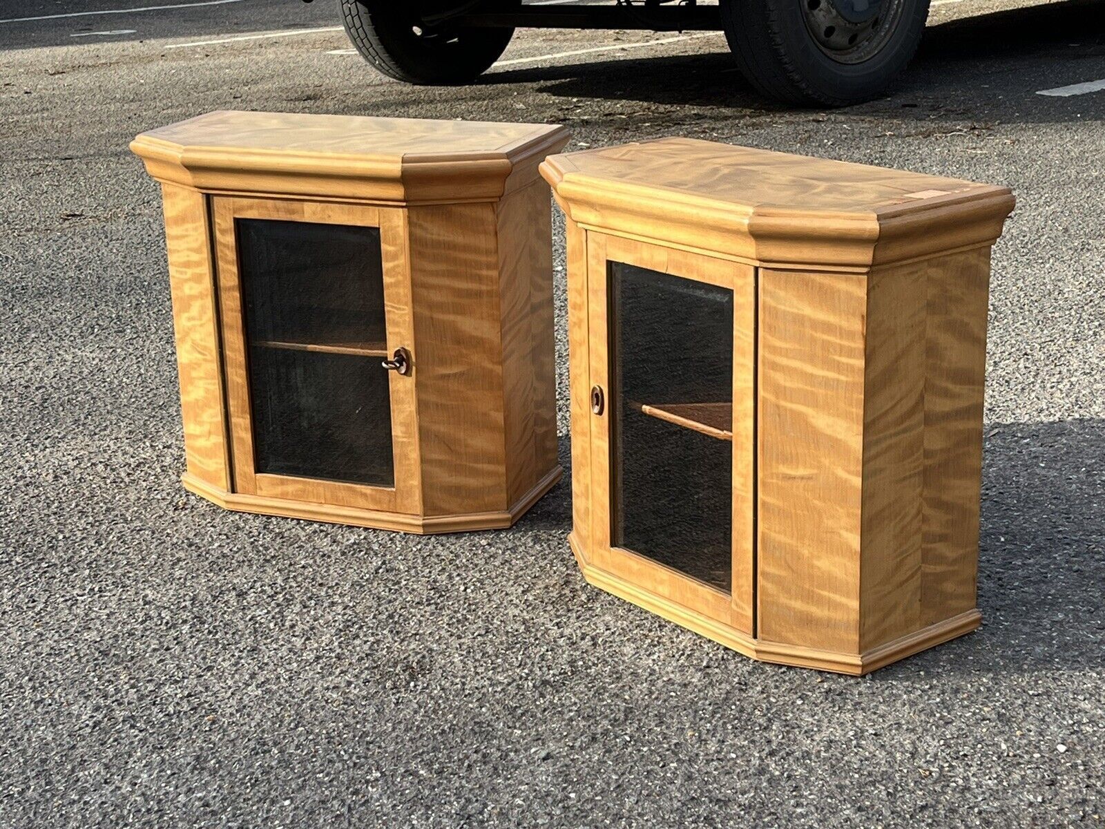 photo furniture Superb Pair Of Satinwood Collectors Table  Wall Display Cabinets.