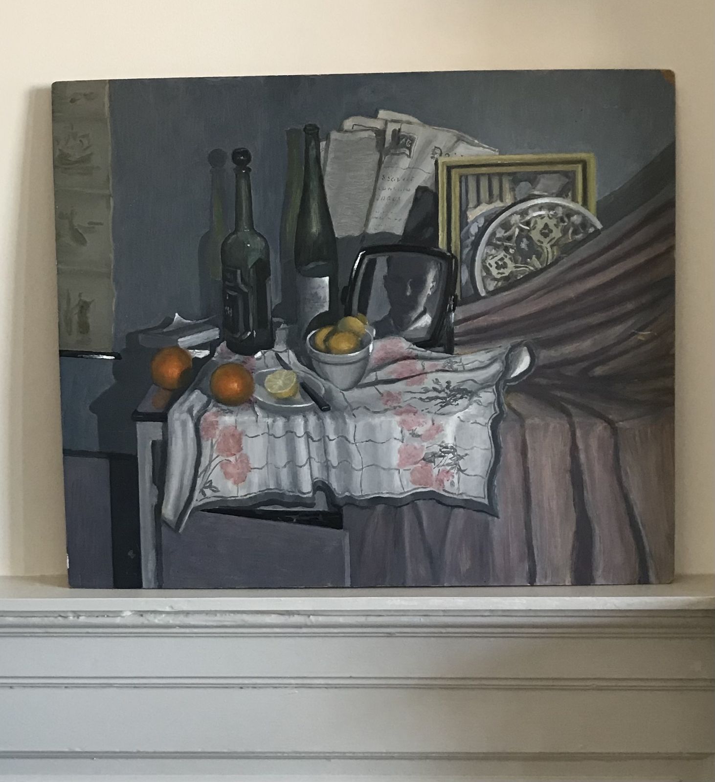 Art 20th Century Still Life Oil On Board  Of A Tablescape With A Reflected Portrait And Newspaper With A Soviet Headline photo